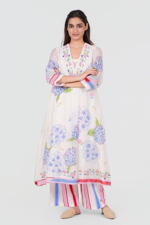 Playpen white printed and thread embroidered V neck kurta