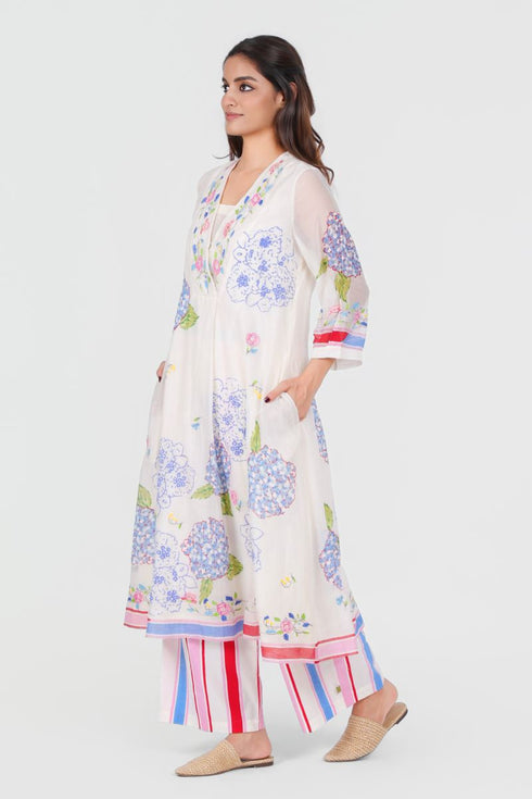 Playpen white printed and thread embroidered V neck kurta