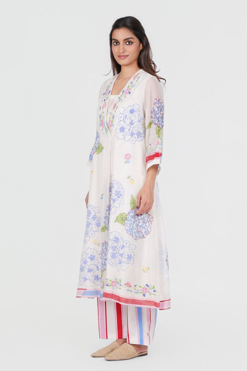 Playpen white printed and thread embroidered V neck kurta