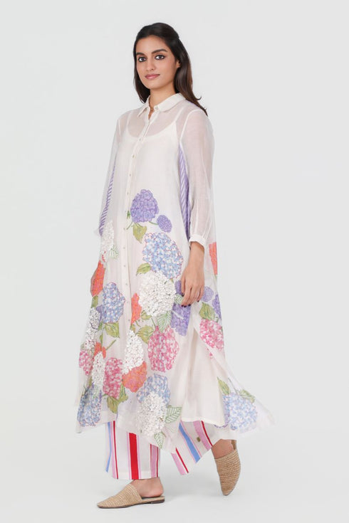 Playpen white floral printed and 3D applique shirt kurta