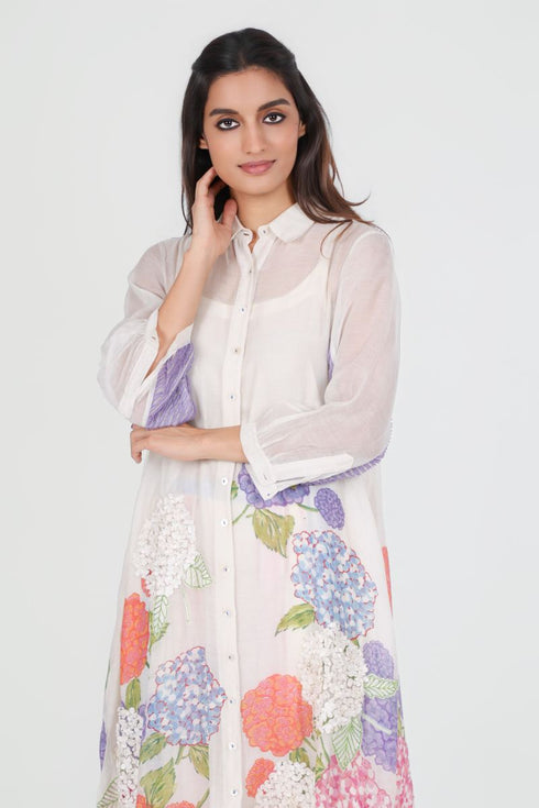 Playpen white floral printed and 3D applique shirt kurta