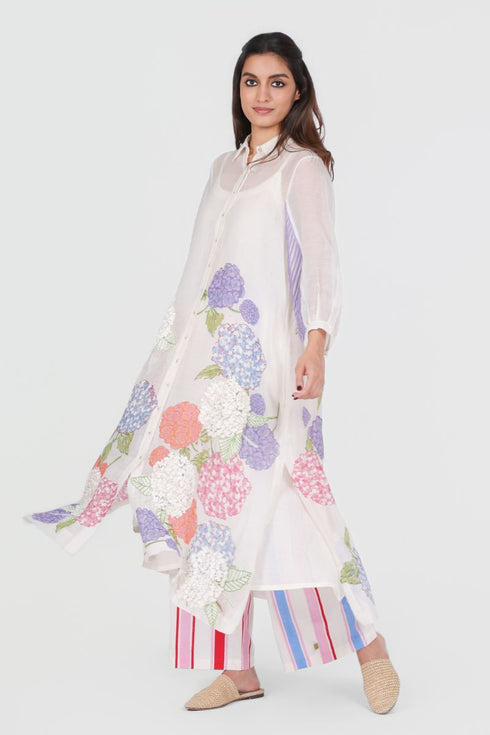 Playpen white floral printed and 3D applique shirt kurta