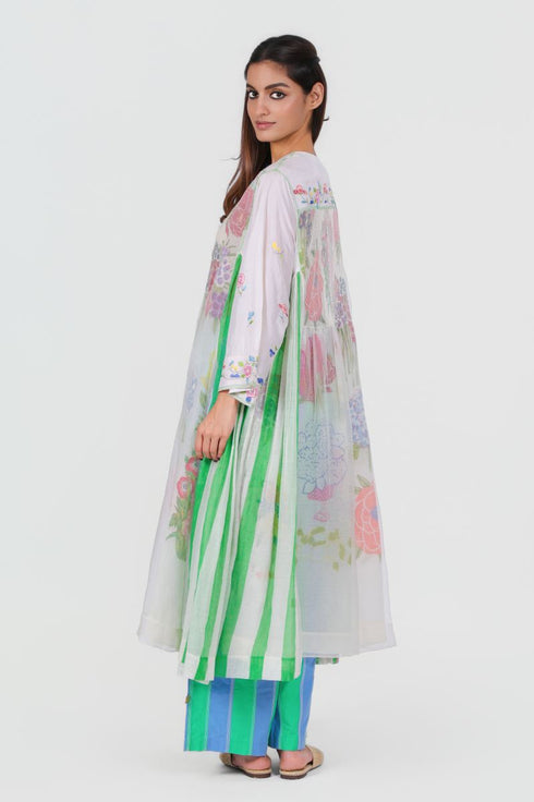Playpen white printed and thread embroidered with side gathers kurta