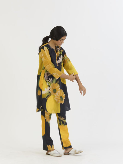 Pomello black and yellow short kurta set