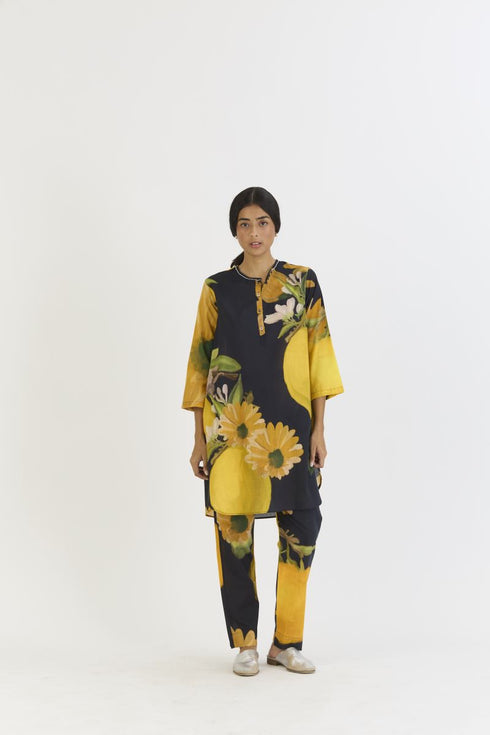 Pomello black and yellow short kurta set