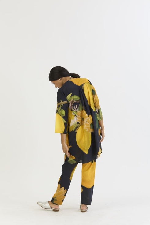 Pomello black and yellow short kurta set