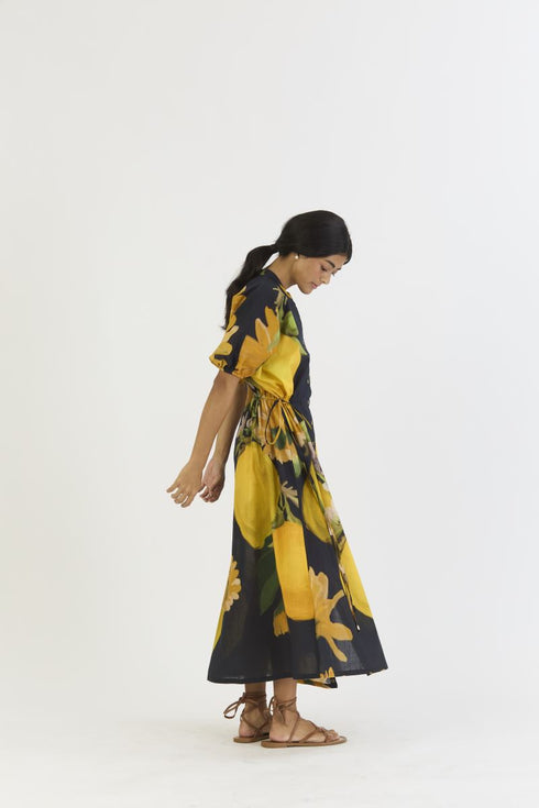Pomello black and yellow side tie up dress