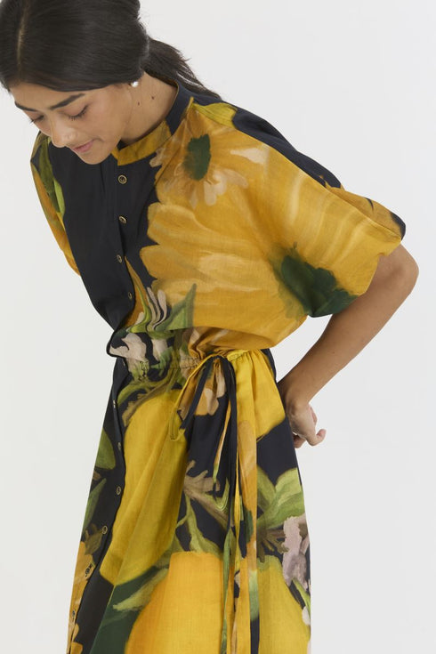 Pomello black and yellow side tie up dress