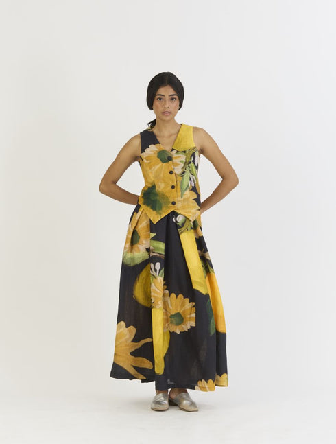Pomello black and yellow waistcoat and box pleat skirt set