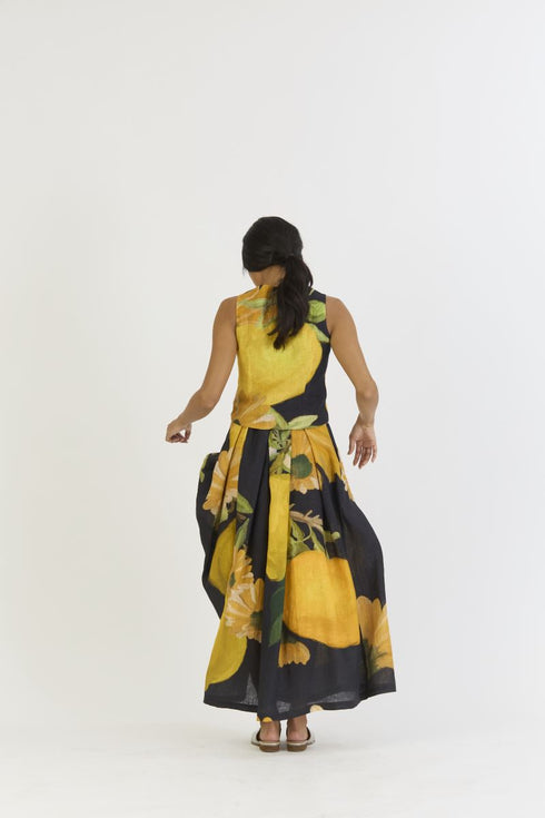 Pomello black and yellow waistcoat and box pleat skirt set