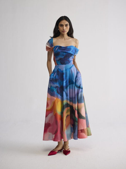 Rainbow garden draped off shoulder dress