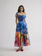 Rainbow garden draped off shoulder dress