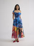 Rainbow garden draped off shoulder dress