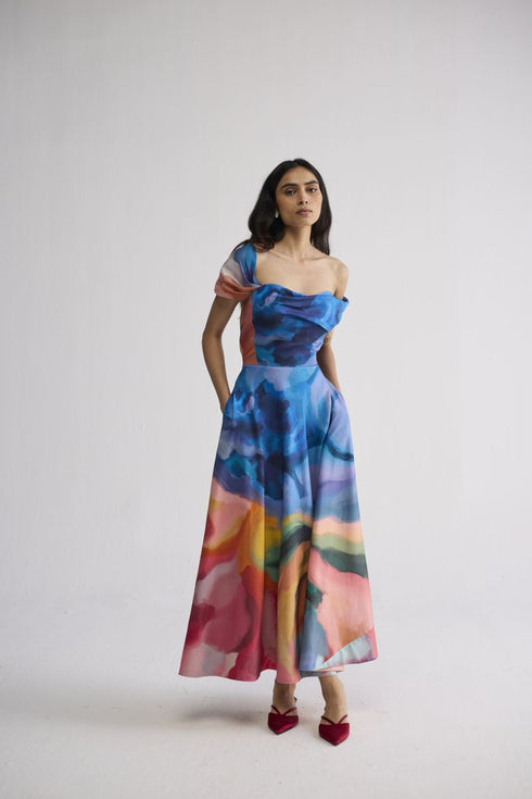 Rainbow garden draped off shoulder dress