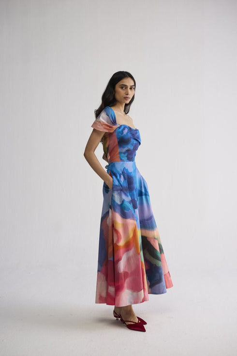 Rainbow garden draped off shoulder dress