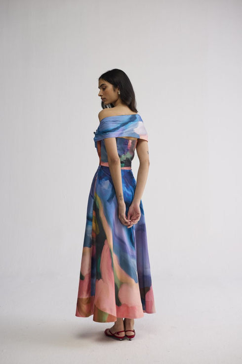 Rainbow garden draped off shoulder dress