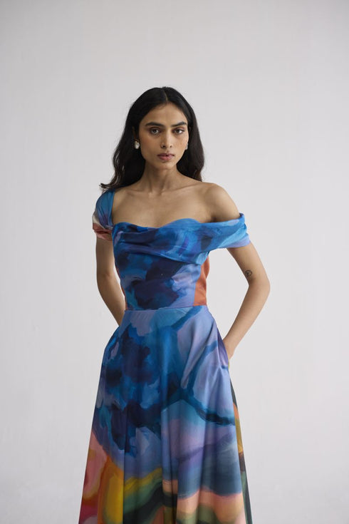 Rainbow garden draped off shoulder dress