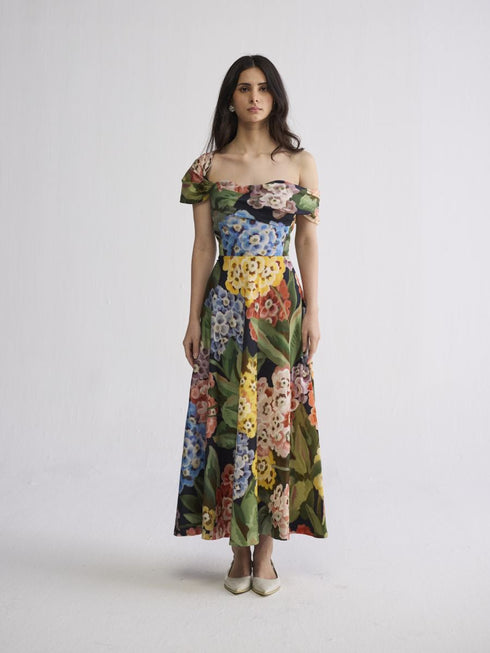 Rain draped off shoulder dress