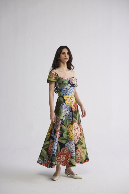Rain draped off shoulder dress
