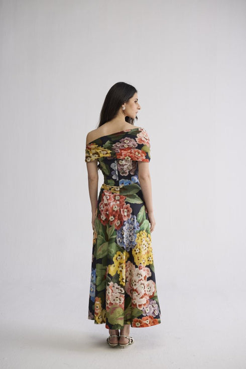 Rain draped off shoulder dress