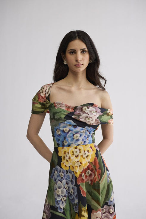 Rain draped off shoulder dress