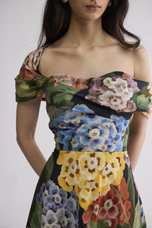 Rain draped off shoulder dress