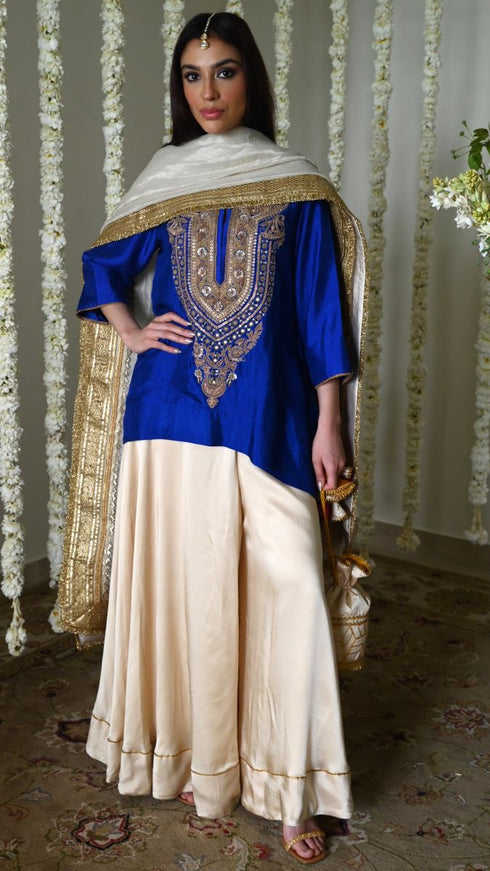 Rangeela blue begum kurta with deep ivory gharara