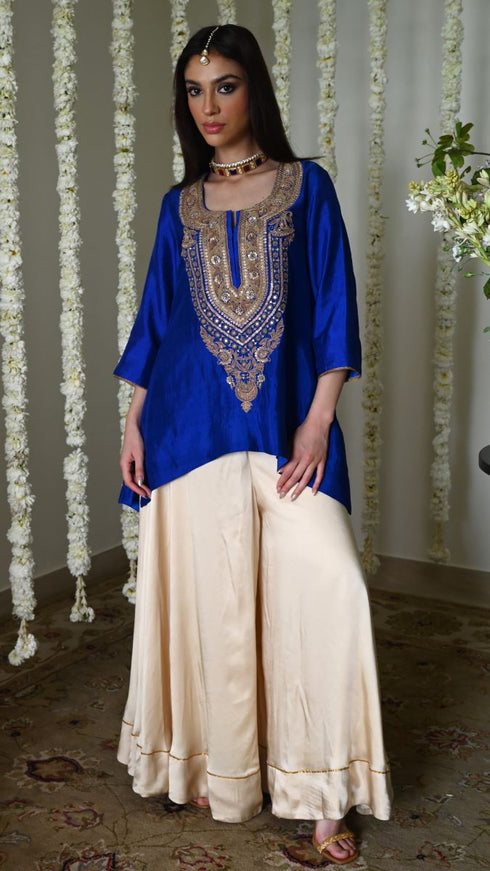 Rangeela blue begum kurta with deep ivory gharara