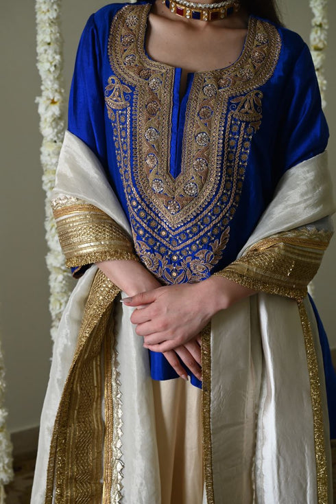 Rangeela blue begum kurta with deep ivory gharara