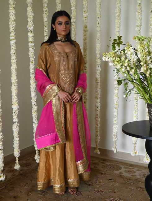 Rangeela gold tissue begum kurta with gharara