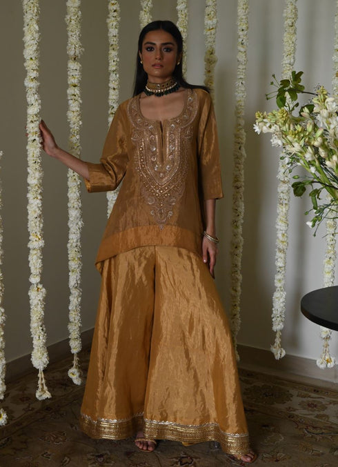 Rangeela gold tissue begum kurta with gharara