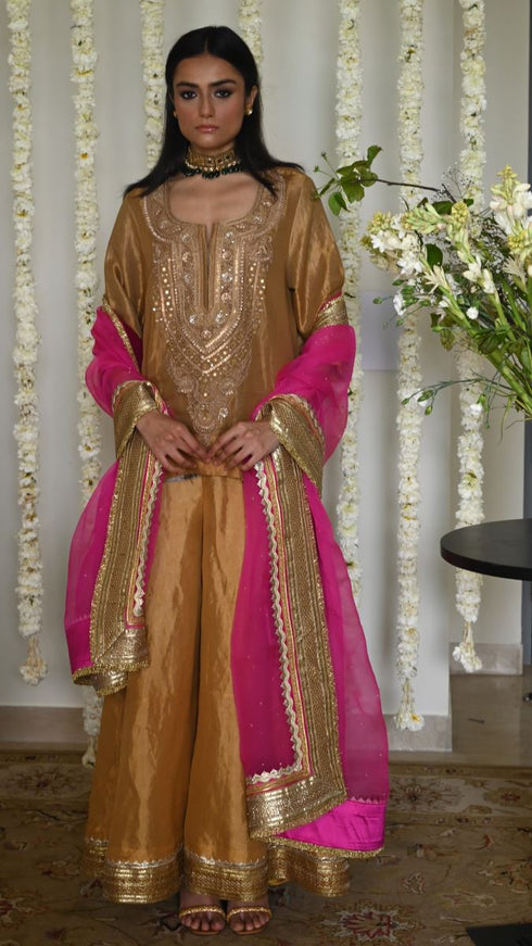 Rangeela gold tissue begum kurta with gharara