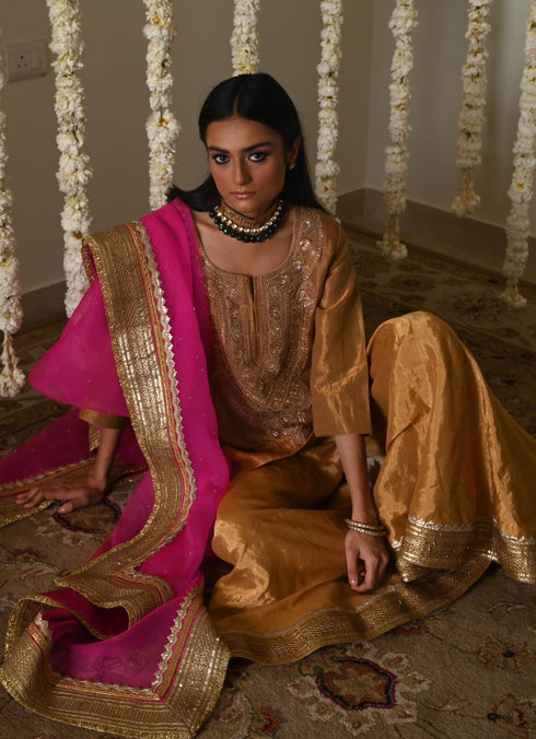 Rangeela gold tissue begum kurta with gharara