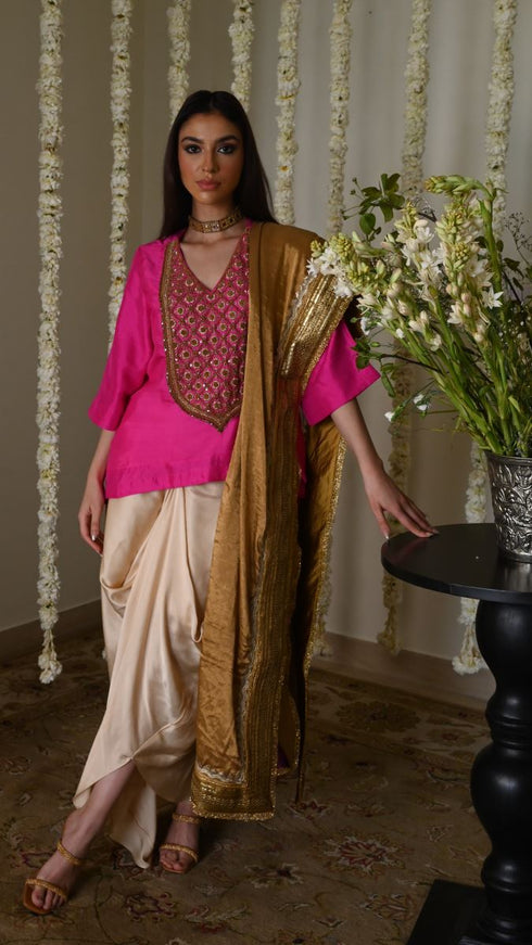Rangeela hot pink noor tunic with deep ivory cowl skirt