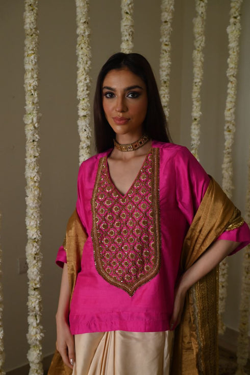 Rangeela hot pink noor tunic with deep ivory cowl skirt