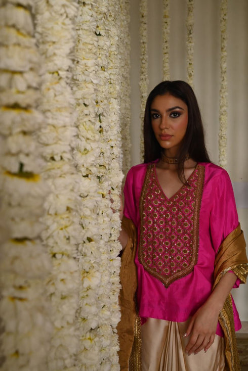 Rangeela hot pink noor tunic with deep ivory cowl skirt