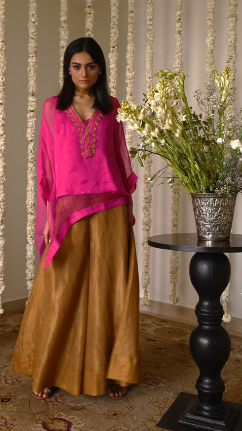 Rangeela hot pink short waheeda kaftan with gold tissue gharara