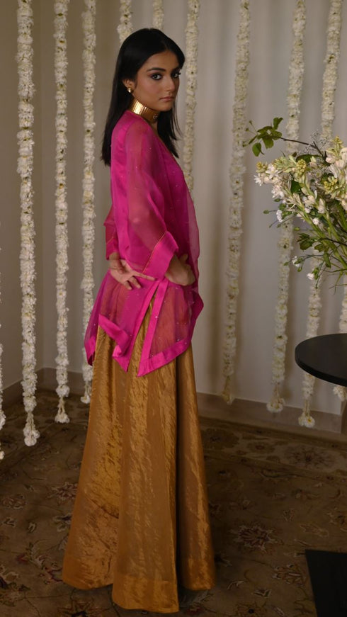 Rangeela hot pink short waheeda kaftan with gold tissue gharara