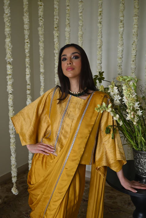 Rangeela ochre desi girl sari with batwing blouse