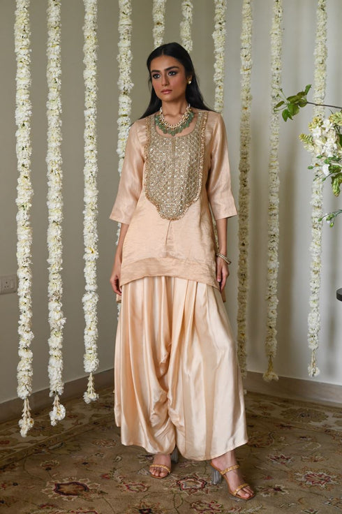 Rangeela rani tunic top with deep ivory cowl palazzo
