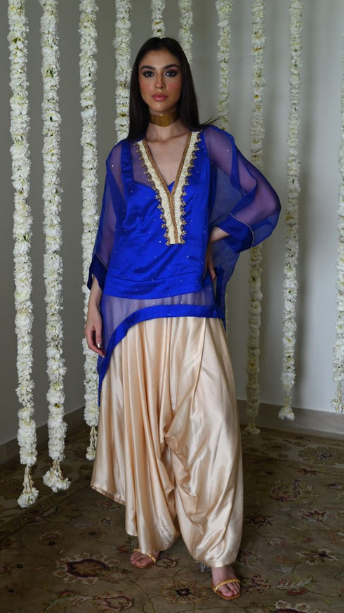Rangeela royal blue short waheeda kaftan with deep ivory cowl palazzo
