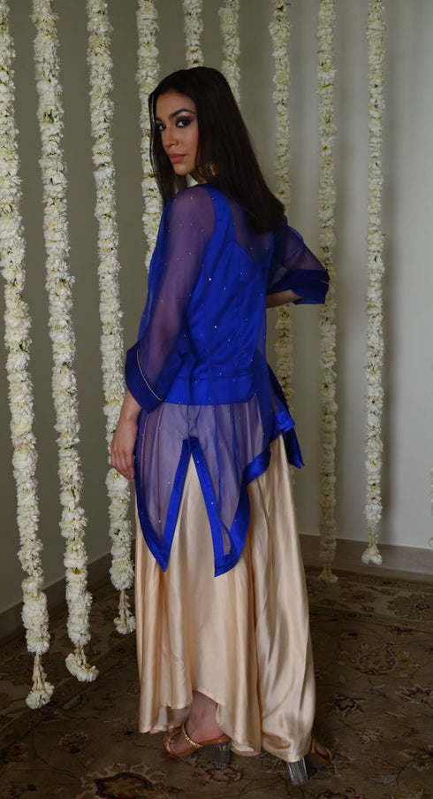 Rangeela royal blue short waheeda kaftan with deep ivory cowl palazzo