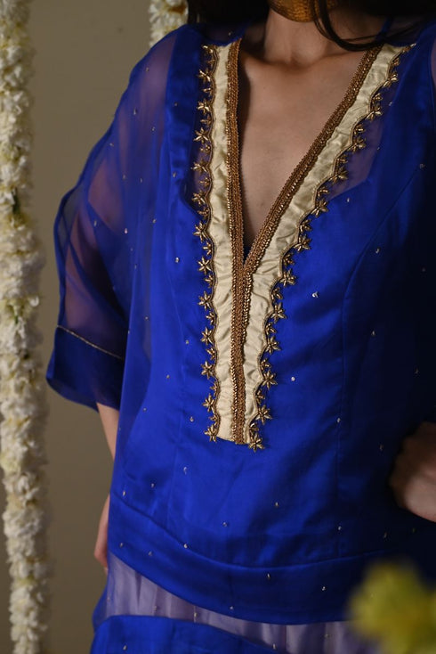 Rangeela royal blue short waheeda kaftan with deep ivory cowl palazzo