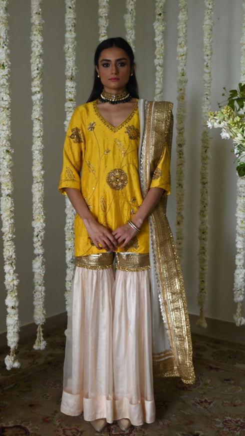 Rangeela yellow jahan ara kurta with deep ivory sharara