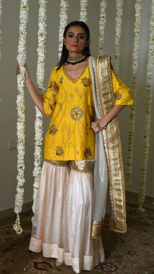 Rangeela yellow jahan ara kurta with deep ivory sharara