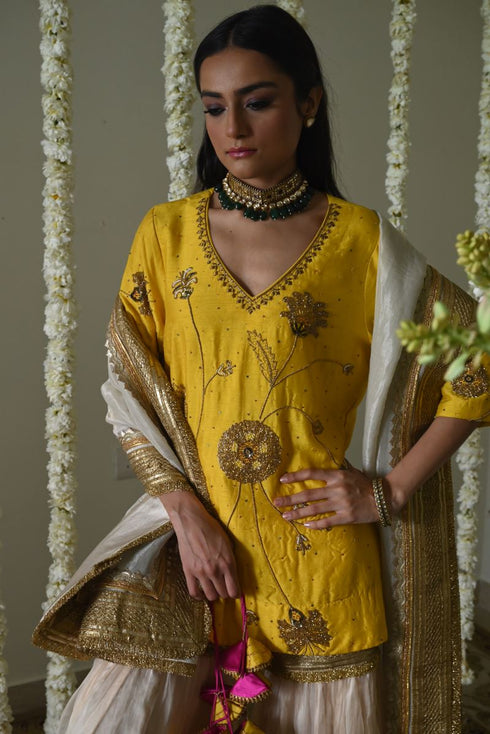 Rangeela yellow jahan ara kurta with deep ivory sharara