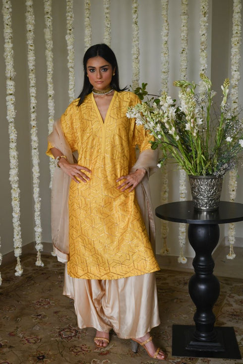Rangeela yellow octa kaftan with deep ivory cowl palazzo