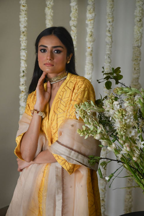 Rangeela yellow octa kaftan with deep ivory cowl palazzo