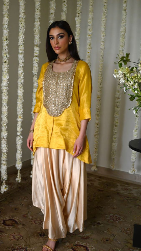 Rangeela yellow tunic top with deep ivory cowl palazzo