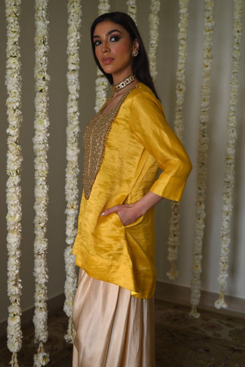 Rangeela yellow tunic top with deep ivory cowl palazzo